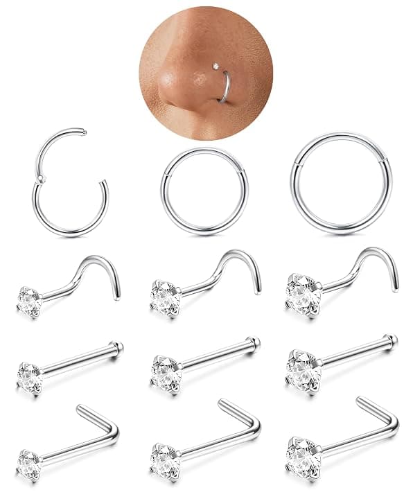 LOLIAS 12Pz Piercing Naso Oro Argento Piercing Naso Acciaio Chirurgico