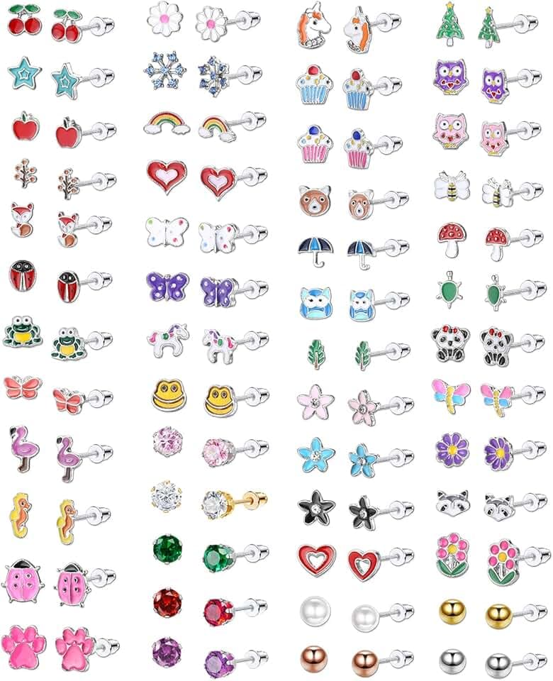 Milacolato 51Paia Orecchini Piccoli per Bambine Orecchini a Bottone con Aghi per Orecchie Acciaio Inossidabile Ipoallergenico, CZ Colorati Animali Fiore Frutta Perle Orecchini Stella Gioielli Regali