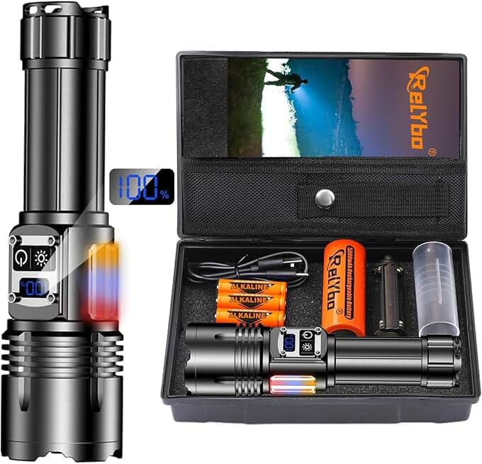 Relybo Torcia Led Potente Professionale, 1000000 Lumens Torcia Led Ricaricabile, Torce Led Alta Potenza Ricaricabili, 9 Modalità, Luce Laterale COB, Torcia Tattica Militare Per Campeggio Emergenza