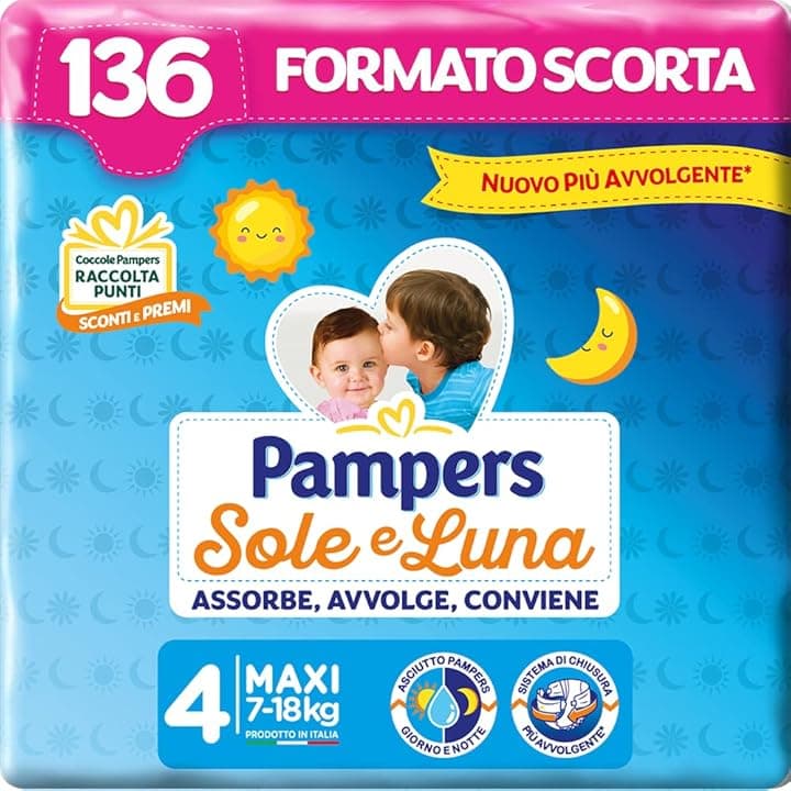Pampers Sole e Luna Pannolini Maxi, Bambini Unisex, Taglia 4 (7-18 kg), 136 Pannolini