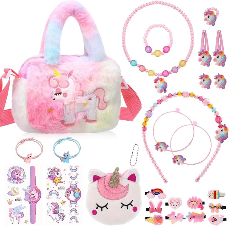 Halinuia Set di 26 pezzi borsa e gioielli unicorno per ragazze, gioielli per bambini, borse, collane, bracciali, anelli, orecchini, forcine per capelli, regali unicorno per ragazze 3 4 5 6 anni