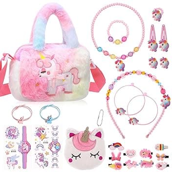 Halinuia Set di gioielli a forma di unicorno, 26 pezzi per bambine, gioielli per bambine, borse, collane, bracciali, anelli, orecchini, fermagli per capelli, regalo a forma di unicorno, per bambine di