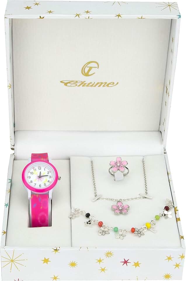 BELLOS Cofanetto Orologio Ragazza Rosa- Parure di gioielli Marguerita- Collana-Anello- Cinturino