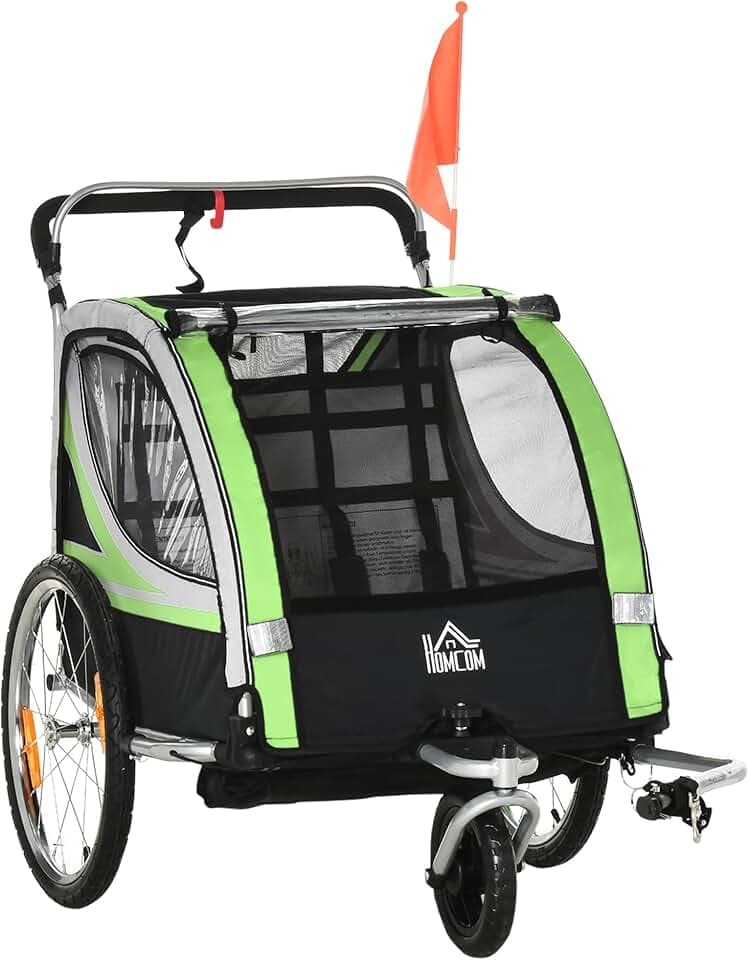 HOMCOM Rimorchio Bici per Bambini e Passeggino, Design 2 in 1 con Freno, Cintura a 5 Punti, Carrello Rimorchio per Bicicletta con Tasche Laterali, Catarifrangenti e Bandierina
