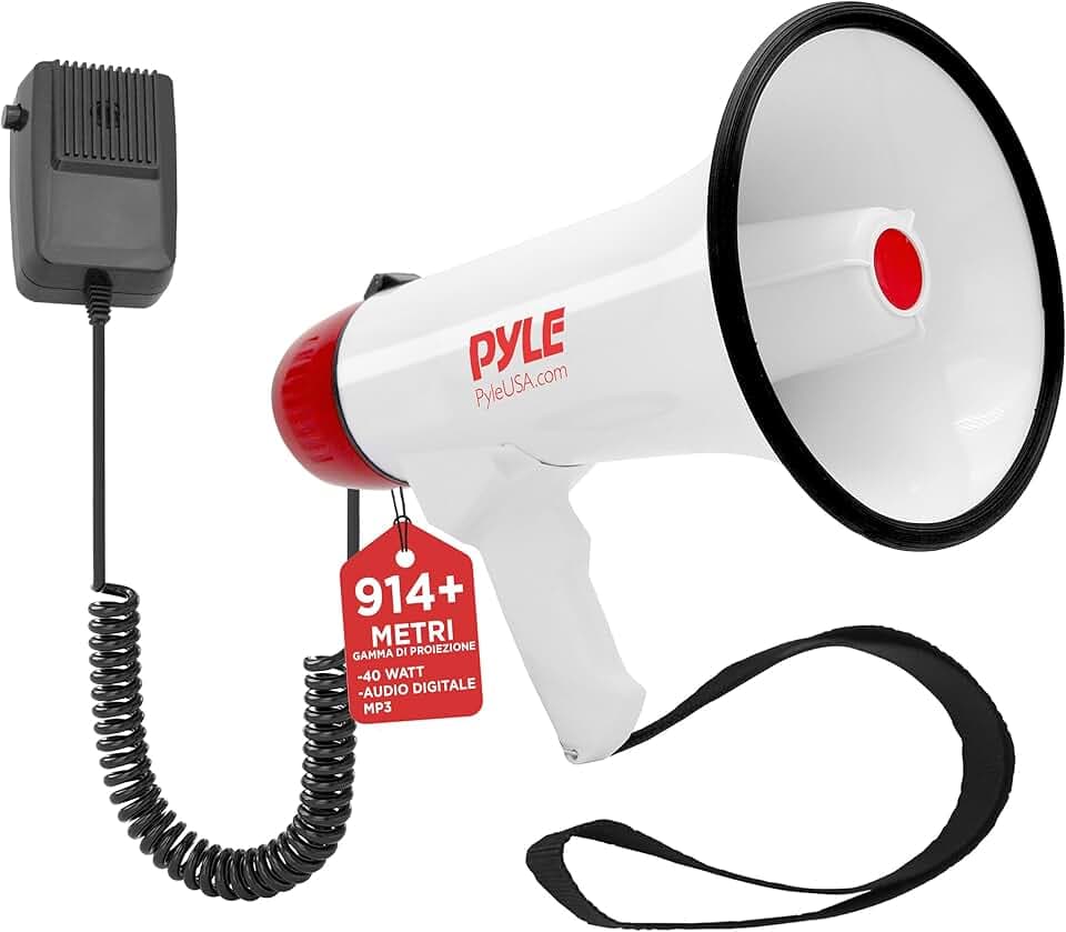 Pyle Megafono, Megafono Portatile, Batteria Ricaricabile Integrata, Ingresso Aux (3,5 mm) per MP3/Musica, Sirena di Allarme Unisex Adulto, Bianco, 0.35 kg