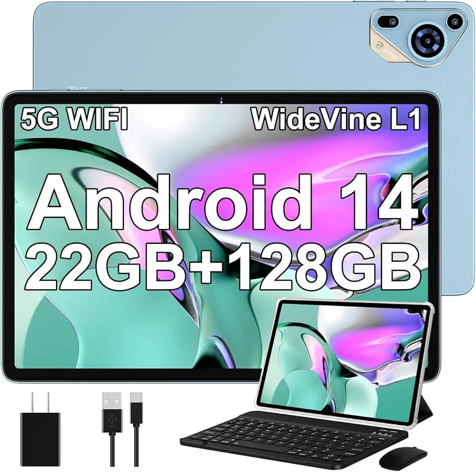 Tablet 10 Pollici Android 14 con 22 GB RAM + 128 GB ROM(Espandibile Fino a 1 TB), Widevine L1, Octa-Core 2.0 GHz, 5G Wi-Fi, GPS, 8000mAh, USB-C, HD Tablet con Tastiera + Mouse + Custodia, Azzurro