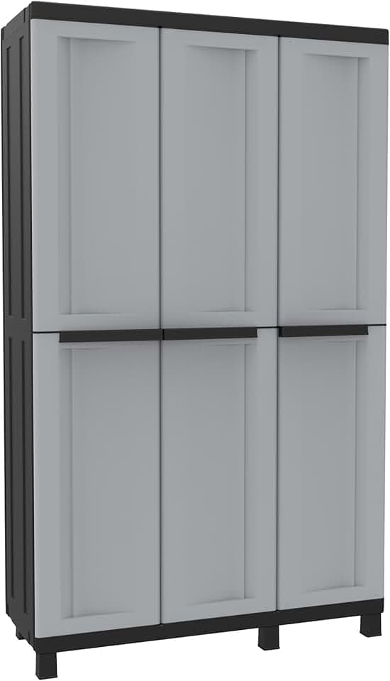 Terry - Twist Black 102a, Armadio Multifunzione a 3 Ante, Portascope con 2 Vani Separati, da Esterno e Interno Coperto, in Plastica, 102x39x170 cm