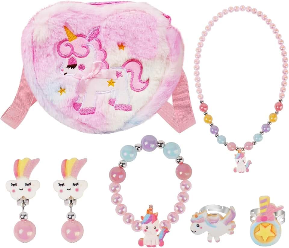 OSDUE OSDUE Unicorno Borsetta Bambina Set Gioielli, Unicorno Regalo Peluche Borsetta Bambina Set Gioielli Unicorno Accessori per Capelli Mollette per Capelli Ragazze Arcobaleno Collana Bracciale Anello