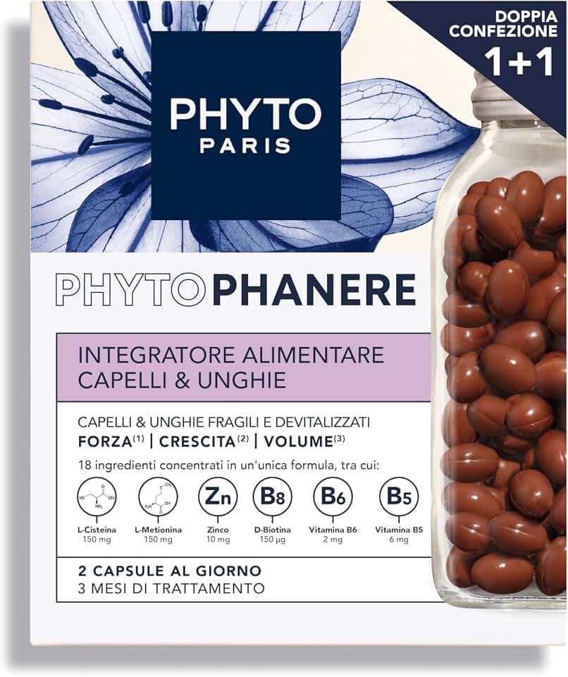 Phyto Phytophanere Integratore Alimentare Naturale Fortificante, Per Capelli e Unghie, Crescita e Volume, Senza Siliconi, Confezione doppia da 90 capsule (Totale 180 capsule)