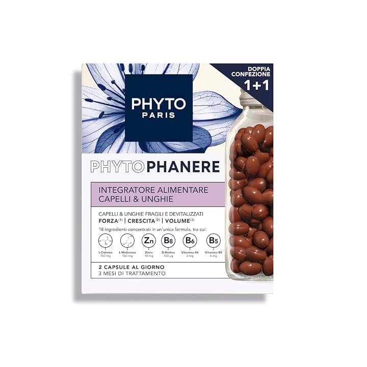 Phyto Phytophanere Integratore Alimentare Naturale Fortificante, Per Capelli e Unghie, Crescita e Volume, Senza Siliconi, Confezione doppia da 90 capsule (Totale 180 capsule)