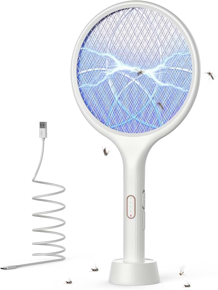 YISSVIC Racchetta Zanzare Elettrica 4000V 1500mAh con USB Ricaricabile e LED 2 in 1, Protezione Maglia a 3 Strati Adatto per Casa Giardino Campeggio Interni ed Esterni Bianco