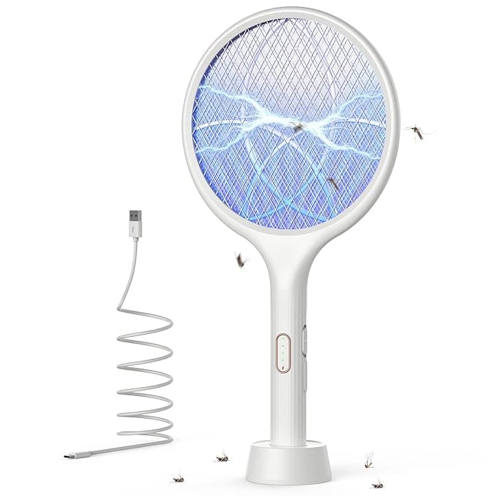 YISSVIC Racchetta Zanzare Elettrica 4000V 1500mAh con USB Ricaricabile e LED 2 in 1, Protezione Maglia a 3 Strati Adatto per Casa Giardino Campeggio Interni ed Esterni Bianco