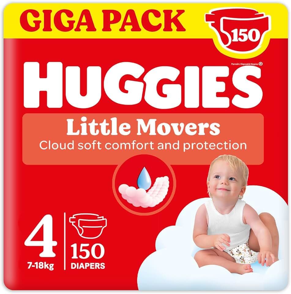 Huggies Pannolini Little Movers, Taglia 4 (7-18 Kg), Confezione da 150 pannolini, Formato Gigapack