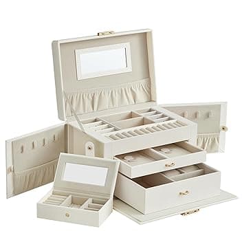 SONGMICS SONGMICS Scatola Portagioie a 3 livelli, Porta Gioielli con 2 Cassetti, con Mini Box Portatile da Viaggio, Maniglia, Chiusura, Idea Regalo, PU Bianco Nuvola, Fodera Bianca Crema JBC121W02