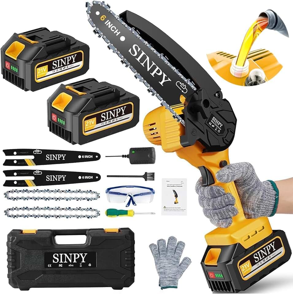 Mini Motosega a Batteria Per Potatura Con 2x4000 mAh Batterie e Caricatore Rapido, 880W 6 Pollici Sega Con Pompetta Olio e Blocco di Sicurezza per il Taglio Del Legno e Giardini