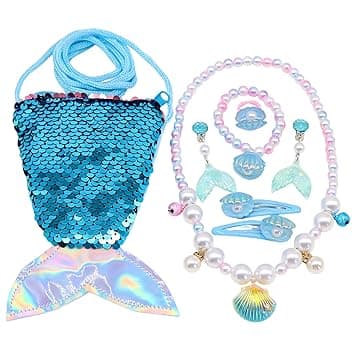GWEOR 7 Pezzi Set di Gioielli Sirena per Bambina, Borsa Pinna Sirena, Collana, Orecchini, Bracciali, Anelli e Molletta, Regalo Compleanno, Festa e Natale, blu