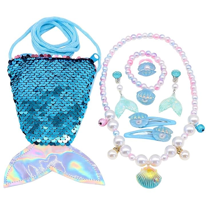 GWEOR 7 Pezzi Set di Gioielli Sirena per Bambina, Borsa Pinna Sirena, Collana, Orecchini, Bracciali, Anelli e Molletta, Regalo Compleanno, Festa e Natale, blu