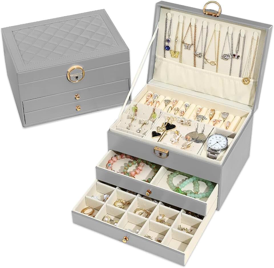Granbest Portagioie a 3 strati, con 2 cassetti, elegante portagioie in pelle, ideale per collane, bracciali, anelli e orecchini (grigio) Global Recycled Standard