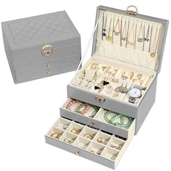 Granbest Portagioie a 3 strati, con 2 cassetti, elegante portagioie in pelle, ideale per collane, bracciali, anelli e orecchini (grigio) Global Recycled Standard