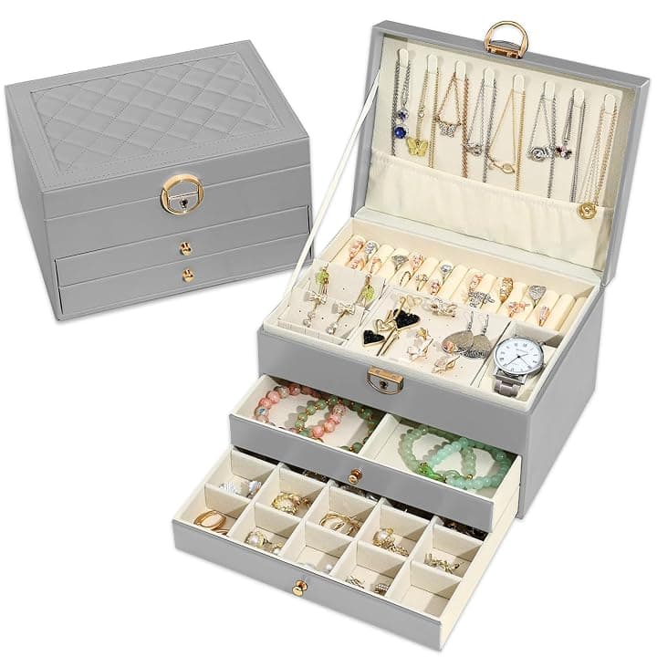 Granbest Portagioie a 3 strati, con 2 cassetti, elegante portagioie in pelle, ideale per collane, bracciali, anelli e orecchini (grigio) Global Recycled Standard