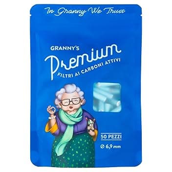 Granny's® Deluxe Set – 50 Filtri a Carbone Attivo Ø 6,9 mm | Filtro Ibrido con 2 Cappucci in Ceramica | Sistema Anti-Intasamento | Carbone Attivo di Cocco | Granny's Filter
