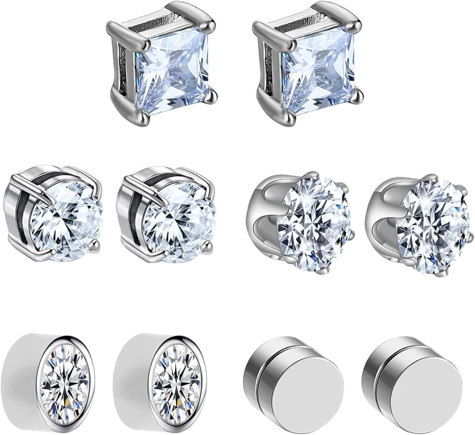 Leikedun 5 Paia Orecchini Magnetici 6mm per Uomo e Donna - Orecchini Finti Non Piercing con Zirconi Brillanti, Anallergici in Acciaio Chirurgico al Titanio - Regali Compleanno Natale