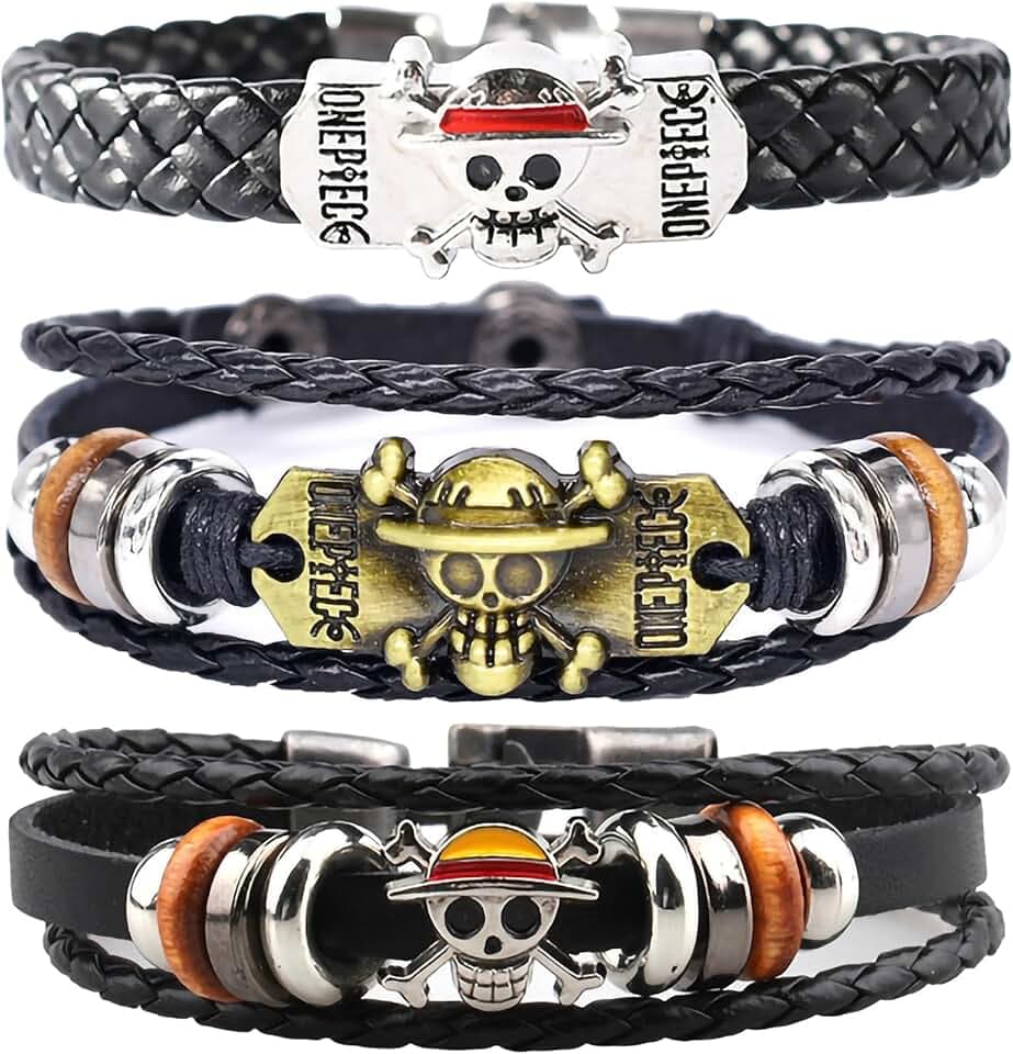 PQKL-party One Piece Braccialetti Merch 3 Pcs Bracciale avvolgente con occhio del diavolo con Accessori a Forma di Teschio e in Pelle Tressata bello Regalo Decorazione
