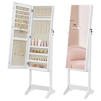 SONGMICS SONGMICS Specchio Portagioie da Terra, Armadietto Portagioielli, Specchio a Figura Intera, con Serratura, Idea Regalo, Superficie Bianca e Fodera Beige JJC069W02