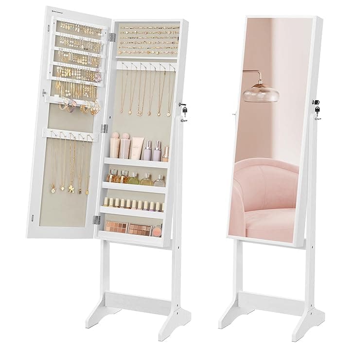 SONGMICS SONGMICS Specchio Portagioie da Terra, Armadietto Portagioielli, Specchio a Figura Intera, con Serratura, Idea Regalo, Superficie Bianca e Fodera Beige JJC069W02
