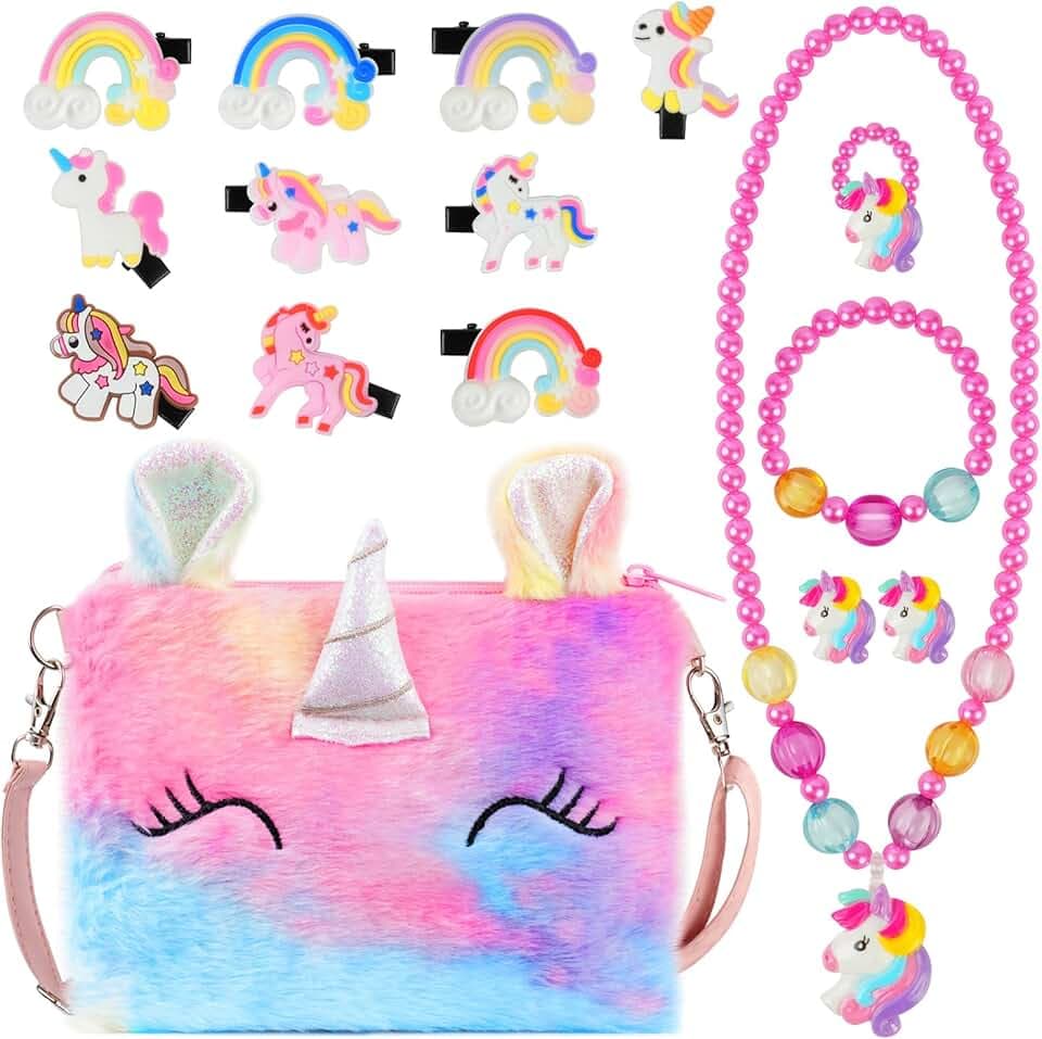 OSDUE OSDUE Set di 16 Gioielli per Unicorno Borsetta Bambina, Unicorno Peluche Borsetta Bambina, Set Gioielli Unicorno Accessori per Capelli Mollette per Capelli Ragazze Arcobaleno Collana Bracciale Anello