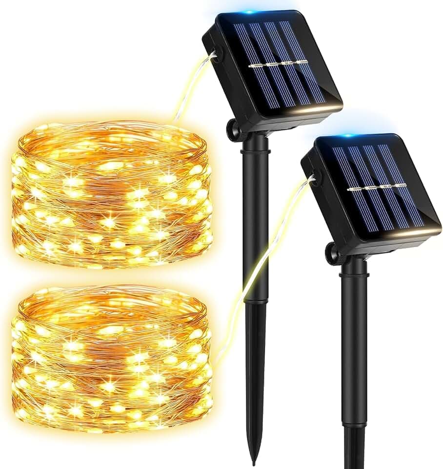 Kasanni 2 Pacchi Luci Solari Esterno, 12m 120 LED Luci Solari Esterno 8 Modalità Impermeabili Filo di Rame Led Lucine Esterno Energia Solare Decorative per Giardino, Natale, Festa (luce calda)