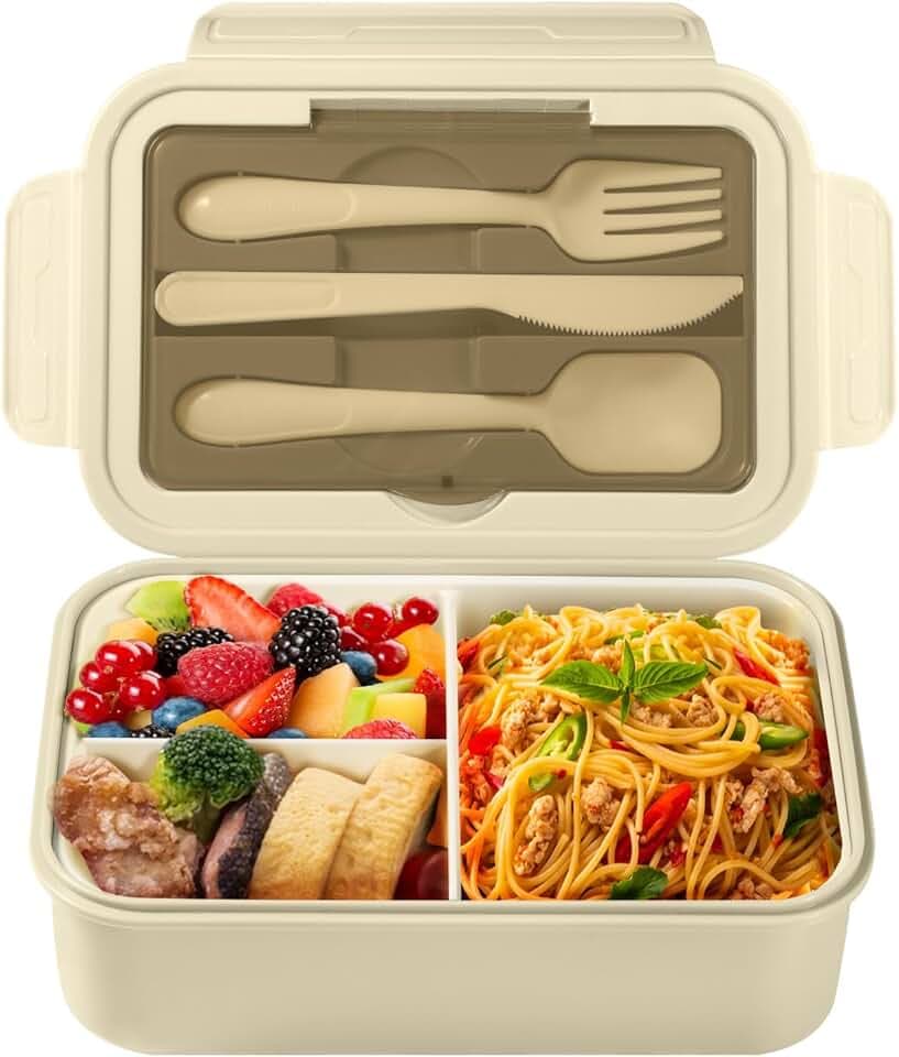 Diboniur Porta Pranzo, 1400ml Lunch Box con Posate, Schiscetta Pranzo Bambino Adulto Bento Box con 3 Scomparti, Schiscetta Contenitore Ermetico per Microonde Ufficio Lavoro Picnic (Khaki)