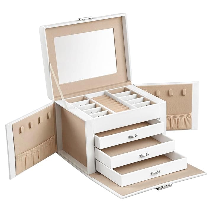 SONGMICS SONGMICS Scatola Portagioie, 4 Livelli, Porta Gioielli con Maniglie, 3 Cassetti, Specchio e Chiusura, Portagioie da Viaggio, Moderno, Idea Regalo, Bianco Classico JBC159W01