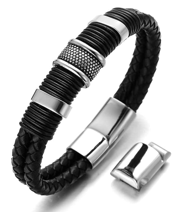 HALUKAKAH Bambini ● Solo Junior ● Bracciale Ragazzo Maschio Vera Pelle Cuoio 6-12+3 Anni Titanio Acciaio Chiusura Magnetica Taglia Regolabile 18-19.5cm