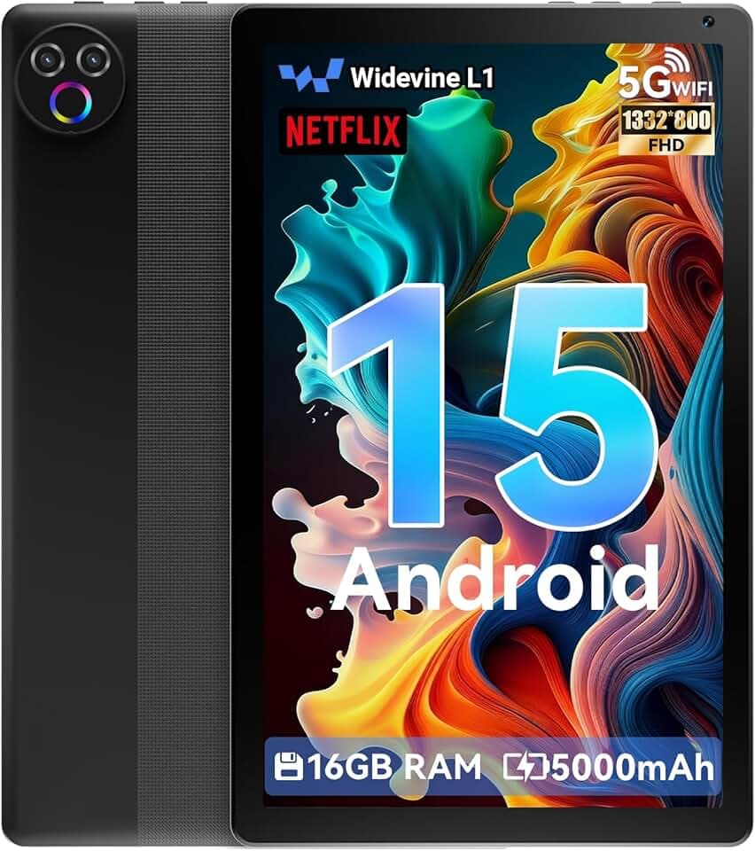 Tablet 10.1 pollici Android 15, 16GB RAM, 1332 * 800 HD丨5G WiFi丨BT5.4, Tab PC con Doppia Fotocamera, Android Tablet con Doppio Altoparlante, Batteria 5000mAh, GMS Widevine L1 (Nero)