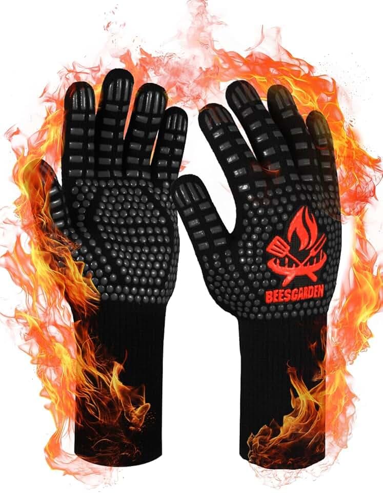 Guanti Barbecue da Forno Resistenza al Calore Fino a 800°C, Silicone Antiscivolo Superficie, Accessori BBQ Ingnifughi per Griglia, Camino, Cottura al Forno, Cucina (Nero, X/XL/XXL)