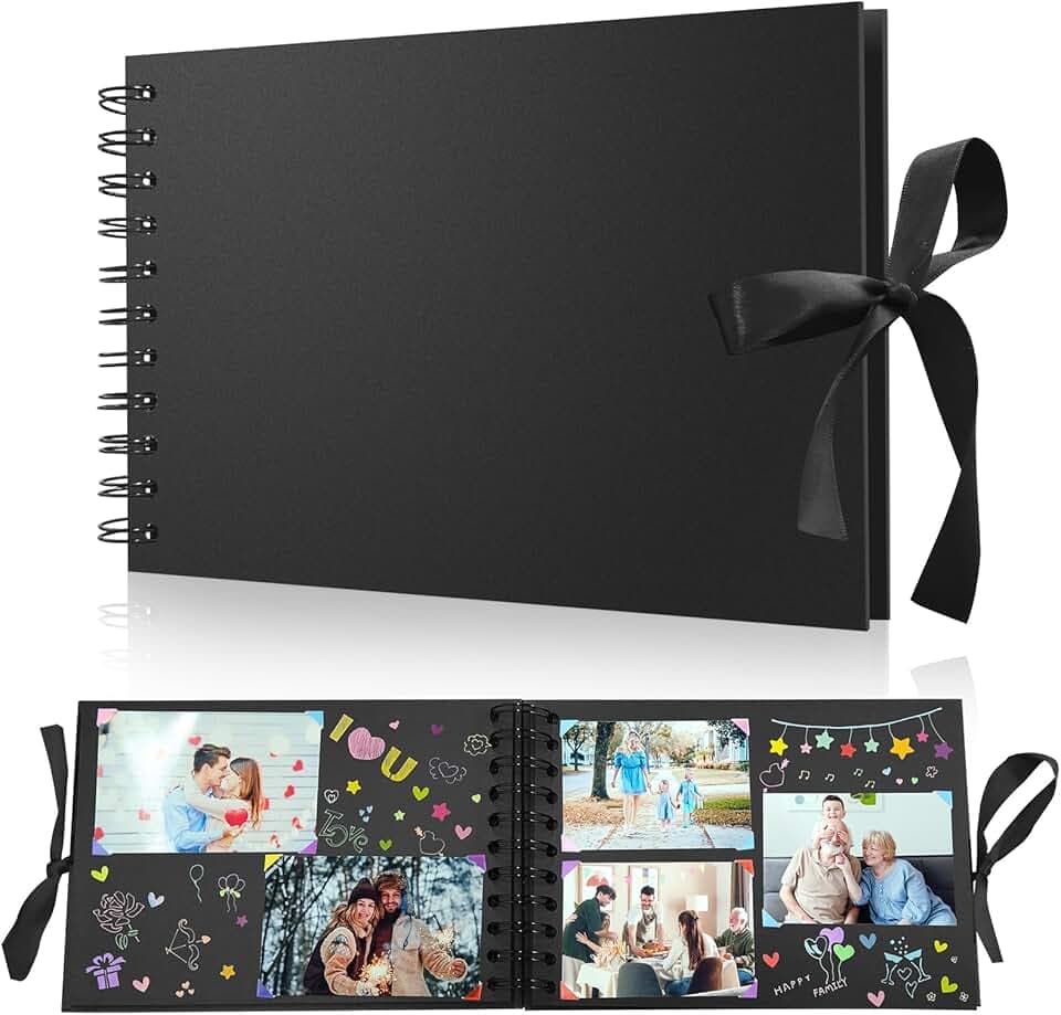 Album Fotografico Personalizzabile, Album Foto Piccolo 10x15 Fai da Te Spirale, 60 Pagine Nere Scrapbook con Copertina Rigida Carta, Scrapbooking per Anniversario di Matrimonio Nozze Valentino, Nero