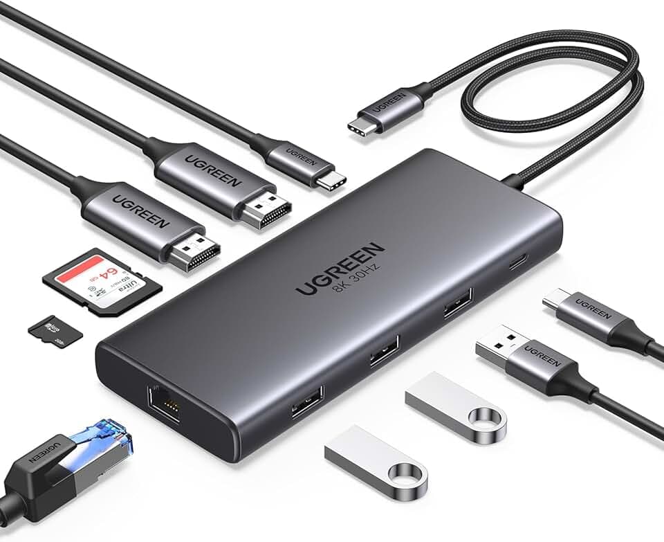 UGREEN Revodok Pro 210 Docking Station USB C 10 In 1 Doppio HDMI 8K30Hz 4K60Hz Hub USB Adattatore Type C Ethernet Gigabit Dock Station, PD 100W,SD TF,Compatibile con Windows 11 10 MacBook M4 M3 M2 M1 ClimatePartner certified