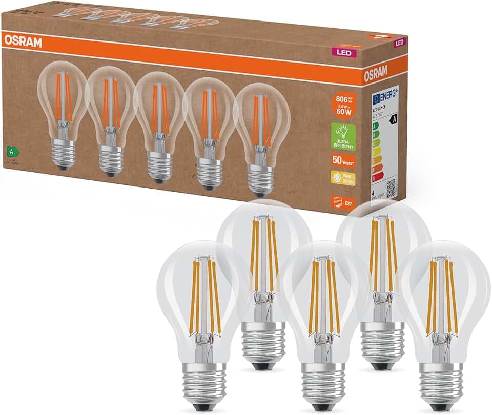 OSRAM Lampade LED ad alta efficienza con classe di efficienza energetica A, Confezione vantaggiosa con 5 lampadine, sostituzione 60W, bianco caldo (2700K), E27, vetro a filamento Etichetta Energetica