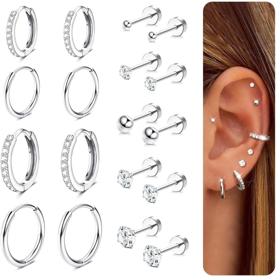 CASSIECA 9Paia Orecchini Donna Acciaio Chirurgico, Set Orecchini Anallergici Donna Uomo Piercing Orecchio Cartilagine Ipoallergenica per Fori Multipli ClimeCo Certified
