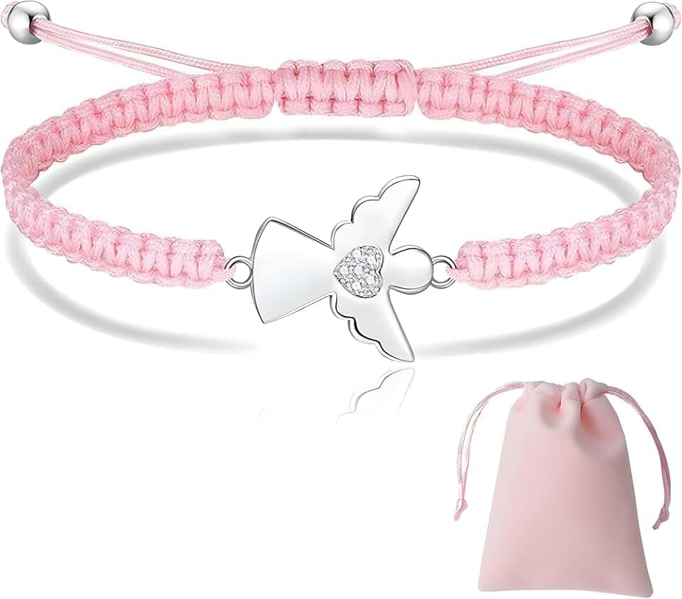 HAPZUR 1 Braccialetto con Angelo Custode + 1 Borsa, Regolabile, in Argento, Come Regalo per Comunione, Comunione Bambina, Prima Comunione Bambino, Piccoli Regali con Confezione Regalo (Rosa)