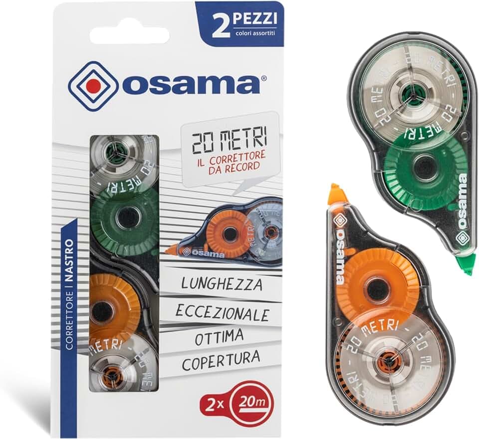 OSAMA - Bianchetto a Nastro, 2 Pezzi x 20 Metri (Tot 40m), Correttore a Nastro Cancelleria Scuola e Ufficio - Scolorina Set Utile per Cartoleria e Cose per la Scuola, Scorrevole e Coprente, Multicolor