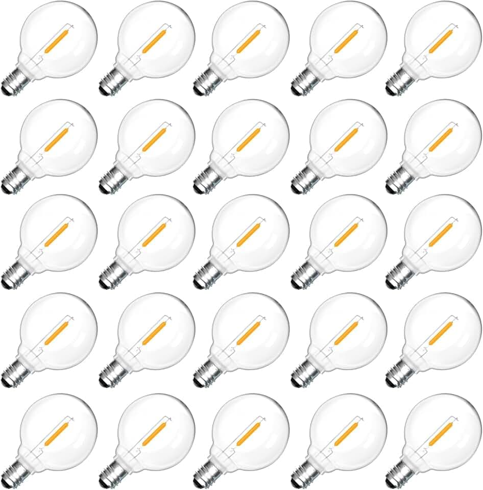 25 Pezzi Lampadina LED G40 E12 1W Esterno Ricambi, Bianco Caldo 2700K, 100LM, G40 LED Filamento Lampadina, Impermeabili IP54, Non Dimmerabile, per stringhe luminose Illuminazione interna ed esterna