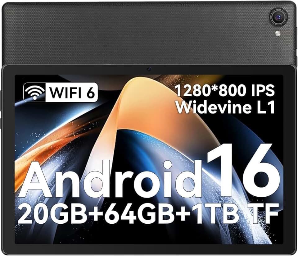 Whitedeer Tablet 10 pollici Android 16, Face ID, OTG, 20GB+64GB+1TB Espansione, 1280 * 800 IPS, Split-Screen, WiFi 6, BT5.3, Doppia Fotocamera 5MP+8MP, 6000mAh, Widevine L1 (Nero)
