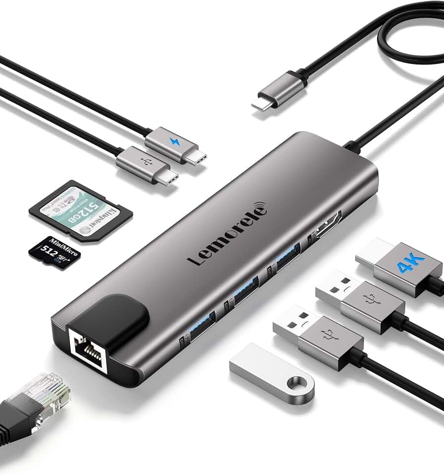 Lemorele Hub USB C con Ethernet RJ45 da 1000M- 10 en 1 Custodia in Alluminio Adattatore USB C Hub a HDMI 4K, 3 USB-A 3.0, PD 100W, SD/TF, Dati USB-C per Macbook Air/Pro, iPad, Windows, Switch ClimatePartner certified