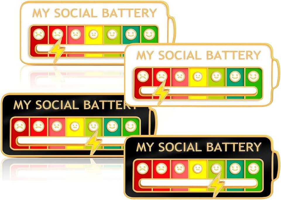DHWEKU Batteria Sociale Pin, 4 Pezzi Divertente Spilla per L'Umore 7 Giorni, Umore Interattivo, Smalto Badge Gioielli (Bianco + Nero)