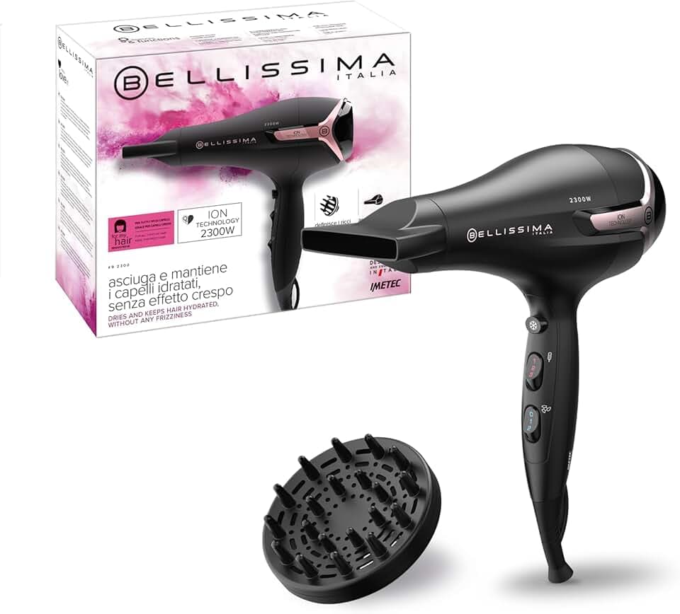 Bellissima Imetec - Asciugacapelli K9 2300-2300W, Inclusi Diffusore per Ricci e Concentatore. Phon per Capelli Ionico con 8 Combinazioni aria e temperatura e colpo aria fredda