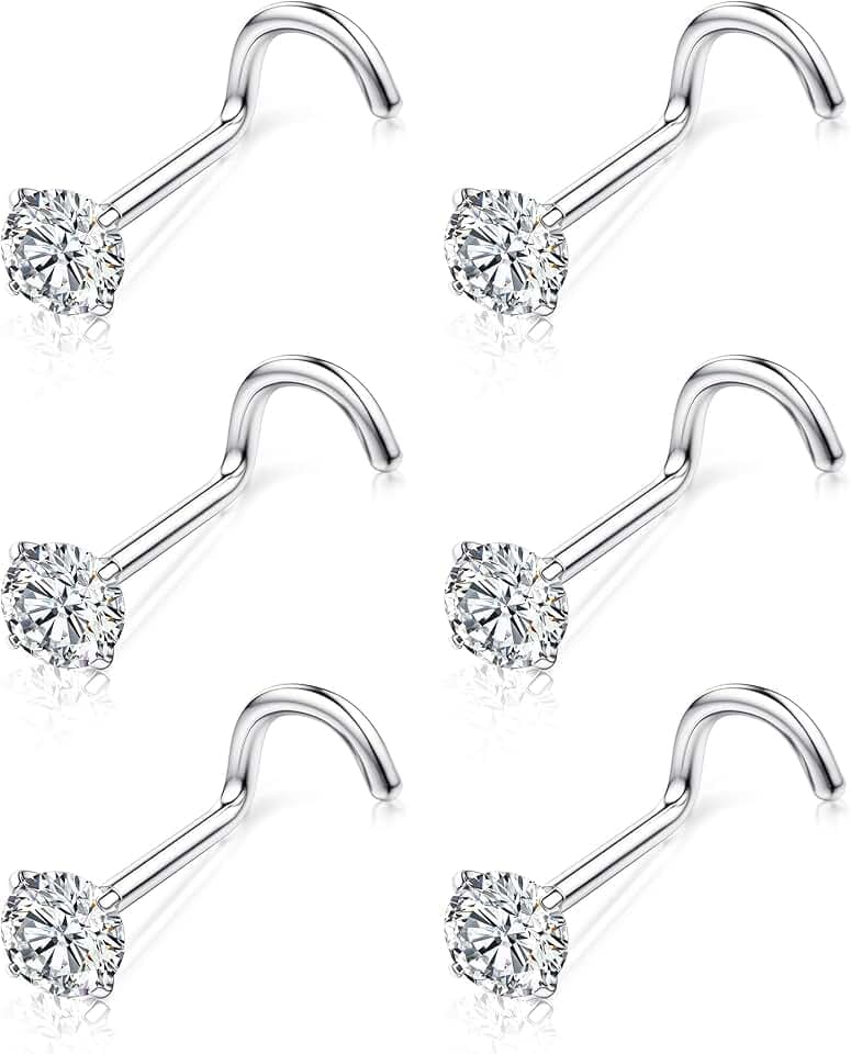 Chriscoco 6 Pezzi Piercing Naso Titanio G23 Piercing Naso Forma L Vite Piercing Naso Brillantino 3mm Cubico Zirconi Orecchini Naso Nostril Piercing 18G 20G Piercing Naso Argento Oro