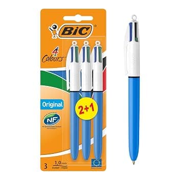 BIC 4Colori Original, Penne a Sfera a Scatto, Colorate, Punta Media (1 mm), Cancelleria Scuola e Ufficio, Set Penne 2+1 Unità