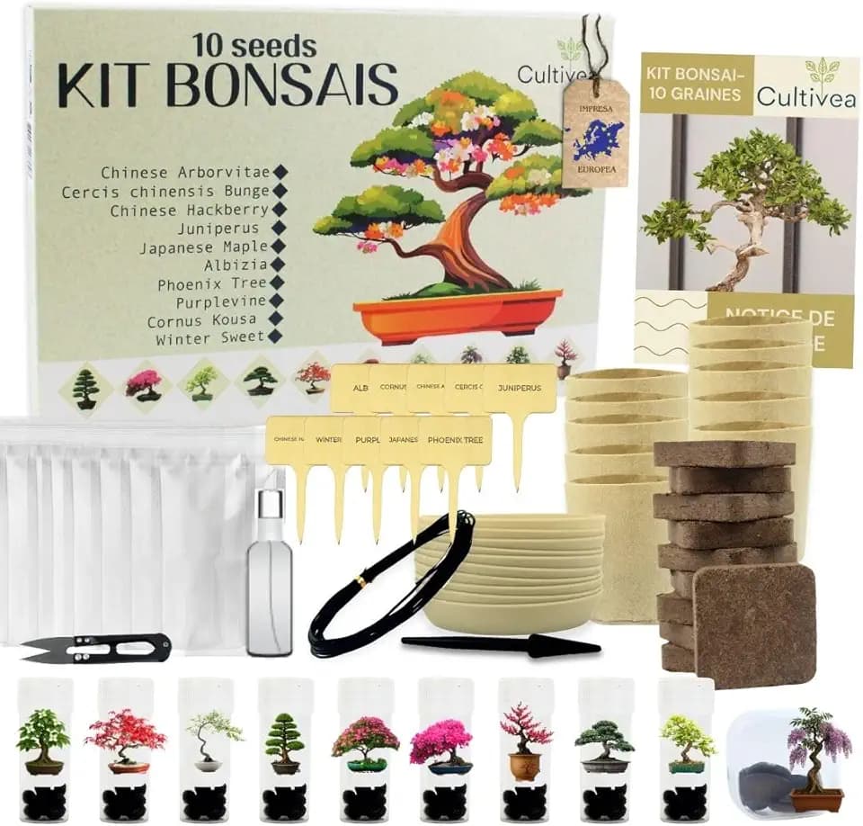 CULTIVEA® Kit Bonsai 10 Alberi da Coltivare – Bonsai Kit Completo per Principianti con Semi Rari, Vasi, Attrezzi e Guida – Kit Piante da Interno – Idee Regalo Giardinaggio e Amanti delle Piante